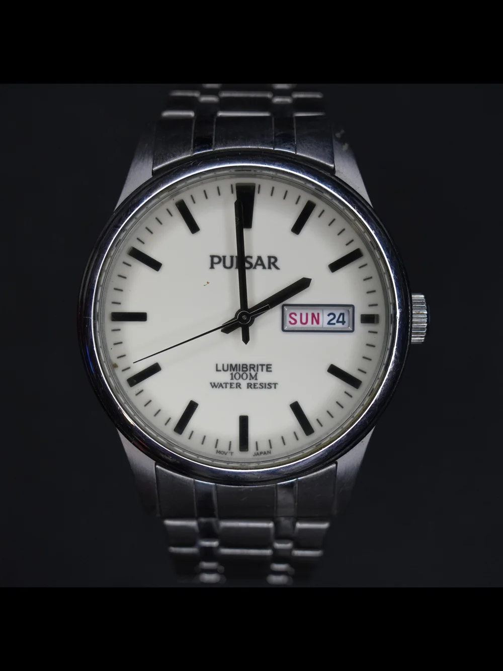 Pulsar VX43-X043 Lumibrite Quartz Day Date White Dial 100M Men's Watch